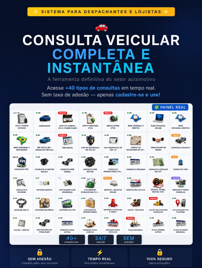 Painel com mais de 40 tipos de consultas veiculares, incluindo débitos e boletos online